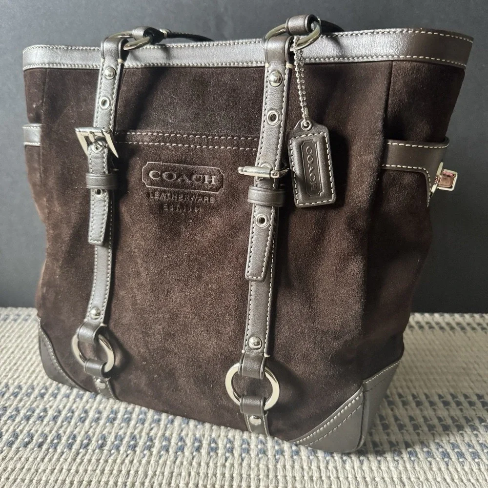 Coach Chocolate Brown Suede/Leather Trim Tote Handbag F12834